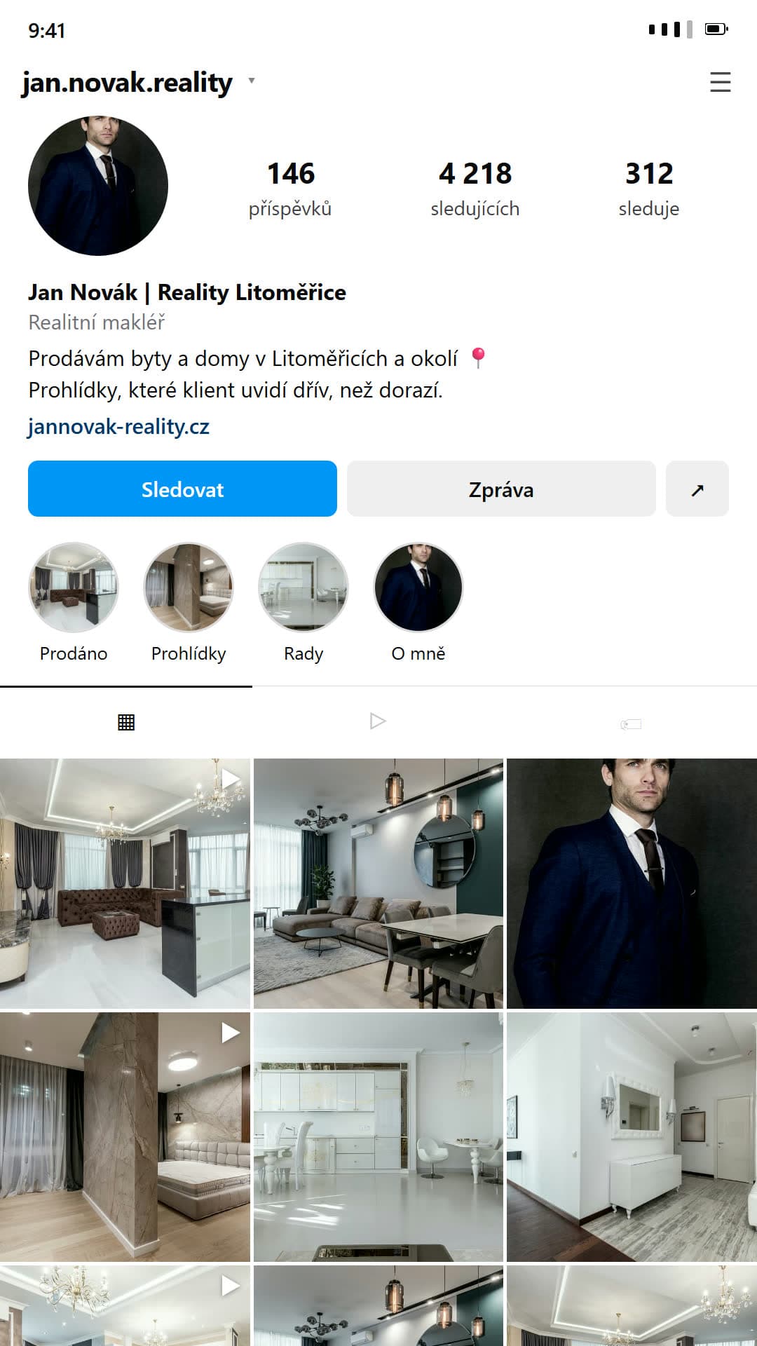 Profesionálně vedený instagramový profil téhož makléře: 4 218 sledujících, konzistentní grid prohlídek nemovitostí a portrét