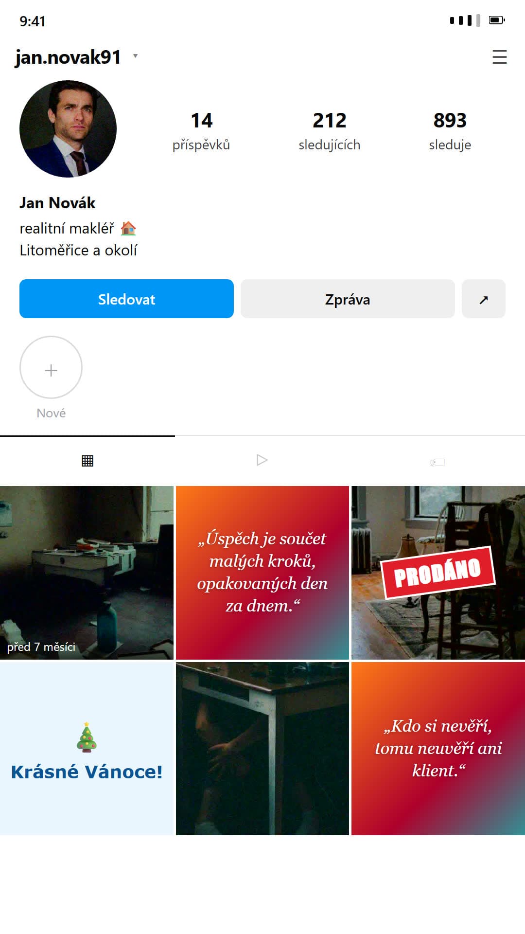 Zanedbaný instagramový profil realitního makléře: 212 sledujících, poslední příspěvek před sedmi měsíci, tmavé fotky a citáty